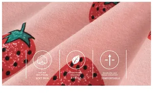 Close-up of pink strawberry print fabric in soft, breathable Grade A cotton for girls