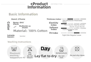 Detailed size chart and material guide for 100% cotton girls summer fruit shorts