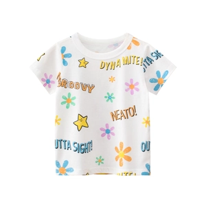 T-shirt à Manches Courtes pour Filles en Style Coréen 100% Coton Mignon Imprimé Fleur Étoile Dessin Animé Été Décontracté Enfants Blanc Cassé Haut