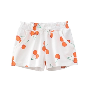 White girls' summer shorts with orange cherry print and elastic waistband drawstring
