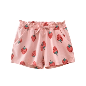 Pink toddler girls cotton shorts with strawberry print and elastic ruffled waist bow