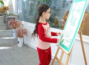 Detail of red and pink raglan sleeve toddler girl t-shirt with cartoon graphic print