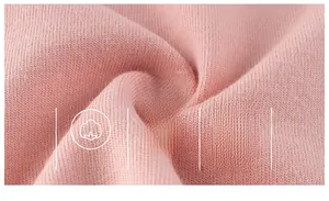 Close-up of soft pink cotton knit fabric texture with comfort and quality icons