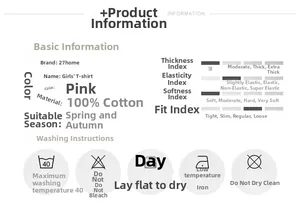 Size chart for pink girls cotton t-shirt with material details and washing instructions
