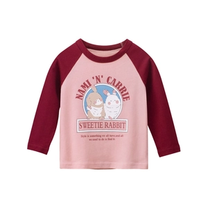 Girls Long Sleeve T-Shirt 100% Cotton Raglan Sleeves Cartoon Rabbit Print Pink Red Color Block Casual Round Neck Autumn Top