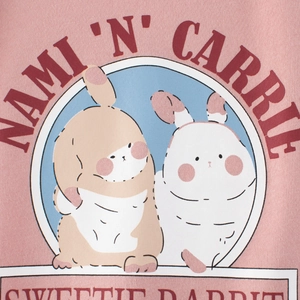 Pink long sleeve cotton t-shirt for girls featuring cute sweetie rabbit cartoon prints