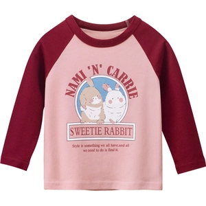 Pink and burgundy long sleeve raglan T-shirt for girls with cute cartoon rabbit print