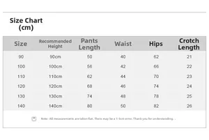 Size chart for girls casual sports pants showing height, waist, and hip measurements