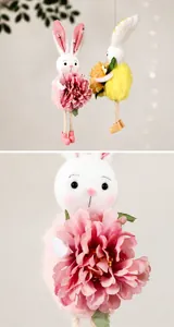 Detail of plush Easter bunny ornament with knit head, soft faux fur body and silk flower