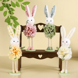 Easter Standing Rabbit Flower Ornament Pastoral Bunny Figurine With Artificial Flower For Home Party Desktop Decoration