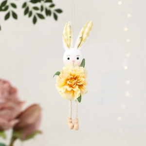 Hanging plush Easter bunny with yellow flower and plaid ears for festive home decoration