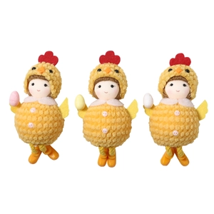 Three plush Easter chicken ornaments holding colorful eggs for festive decoration