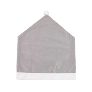 Gray Christmas chair cover in soft non-woven fabric with white plush pompom and trim