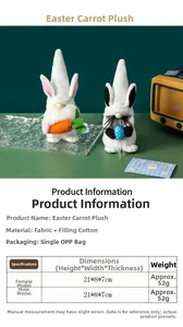 Easter gnome plush doll specifications showing dimensions and festive carrot details