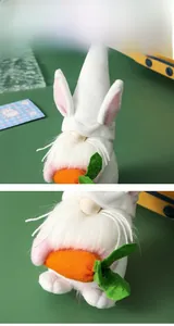 Detail view of plush Easter gnomes with rabbit ear hats and fluffy white beards