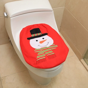 Close-up of red Christmas toilet seat cover featuring a snowman with a black hat and scarf