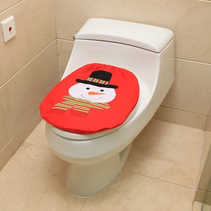 Detail of red Christmas toilet seat cover featuring a cute snowman applique design