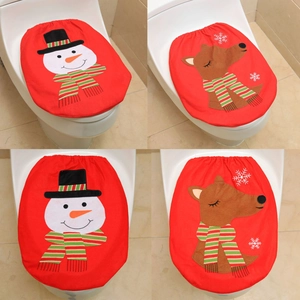 Detailed view of Christmas snowman and reindeer toilet seat covers with festive patterns