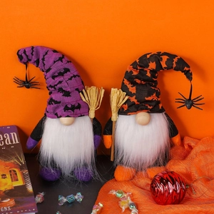 Halloween Gnome Plush Doll With Bat Pattern Hat Spider Decor Broom Faceless Dwarf Figurine For Table Party Home Decoration