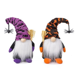 Halloween gnomes with spider pendants, bat printed hats and miniature brooms decoration