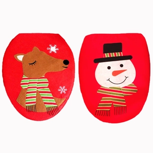 Christmas reindeer and snowman toilet seat covers in red fabric for holiday decor