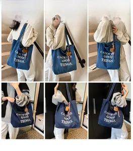 Collage of casual denim tote bag with letter print and teddy charm shown in various angles