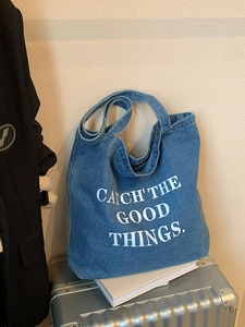 Borsa Tote In Denim Da Donna Catch The Good Things Stampa Slogan Grande Capacità Borsa A Spalla Casual Retro Estetica