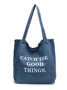 Borsa tote in denim blu lavato minimalista con stampa bianca Catch The Good Things