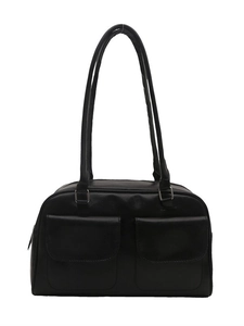 Schwarze Retro-Achseltasche aus Leder mit Vordertaschen und langen Schulterriemen