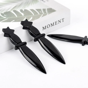 Poignard En Cristal D'obsidienne Noire Naturelle Sculpté À La Main Ornement De Couteau Avec Poignée En Étoile Décor De Bureau