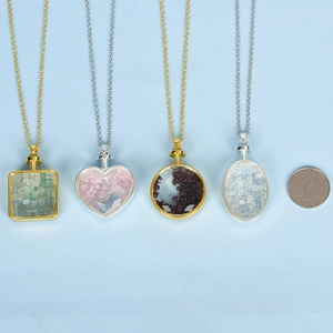 Set of four natural crystal stone necklaces in heart, round, oval, and square shapes