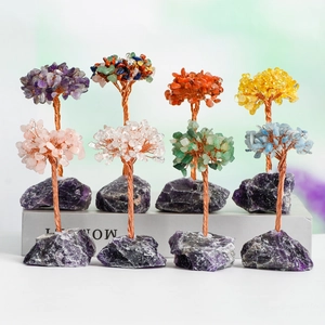 Handcrafted crystal money trees with natural stone bases for home office desk decor