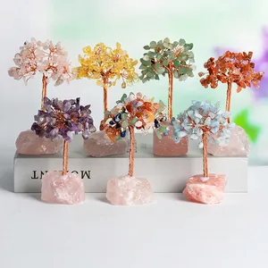 Set of seven handmade crystal trees with rose quartz bases for home and office desk decor