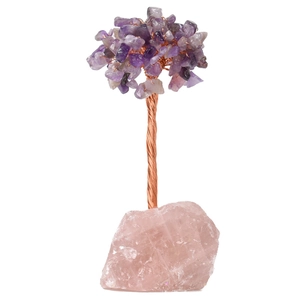 Handmade amethyst crystal money tree featuring a natural rose quartz raw stone base