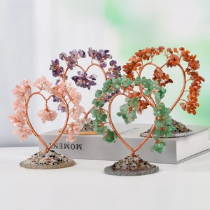 Set of 4 heart-shaped crystal trees with agate bases for home and office desk decor