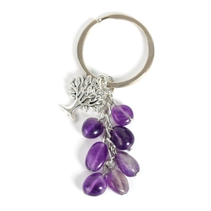 Lebensbaum Schlüsselanhänger mit natürlichen lila Amethystperlen an silbernem Ring