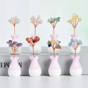 Árbol de Dinero de Cristal Natural Hecho a Mano Envuelto en Alambre de Cobre En Mini Jarrón de Cerámica Adorno de Escritorio Hogar Oficina Estatua Decorativa
