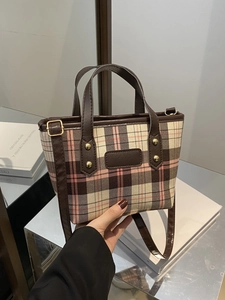Sac Seau En Toile À Carreaux Vintage Avec Bordure En Cuir Rivet Doré Bandoulière Amovible Sac À Main Pour Femme