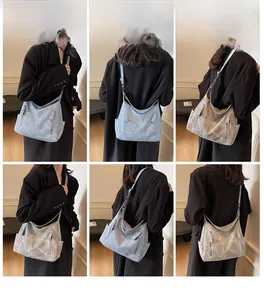 Detailed views of hobo tote bag in grey-blue and brown with adjustable straps