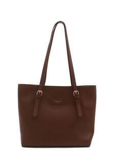 Large brown leather tote bag with adjustable straps and fashion label for work