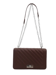 Deep red quilted shoulder bag with silver chain strap and metal turn-lock closure