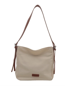 Canvas bucket crossbody bag with brown leather trim and retro minimalist design
