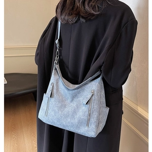Retro light blue large capacity tote bag with matte texture and dual zipper pockets