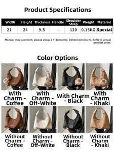 Detailed size chart and four color options for the stylish pleated underarm dumpling bag