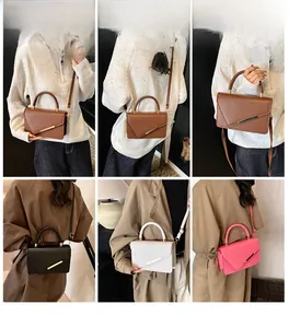 Collage of leather handbags in various colors featuring metal trim and adjustable straps