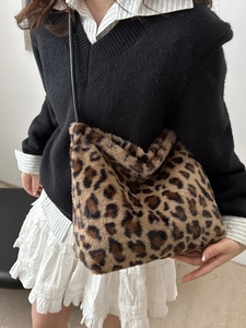 Faux fur leopard print tote bag for women featuring large capacity and black straps