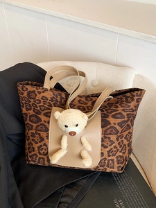 Sac Cabas en Toile à Imprimé Léopard Pour Femmes Avec Ours En Peluche 3D Grande Capacité Sac à Épaule Décontracté