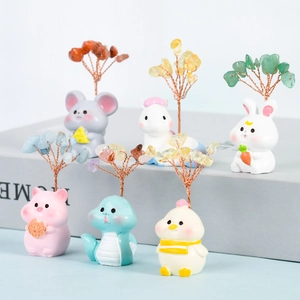 Set of 6 cute animal resin figurines with colorful natural crystal wire trees for home decor