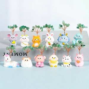 Set of 12 Chinese Zodiac crystal trees with green resin leaves and cute animal bases