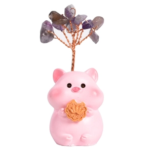 Pink pig zodiac base with amethyst crystal bonsai tree for home office desk decoration